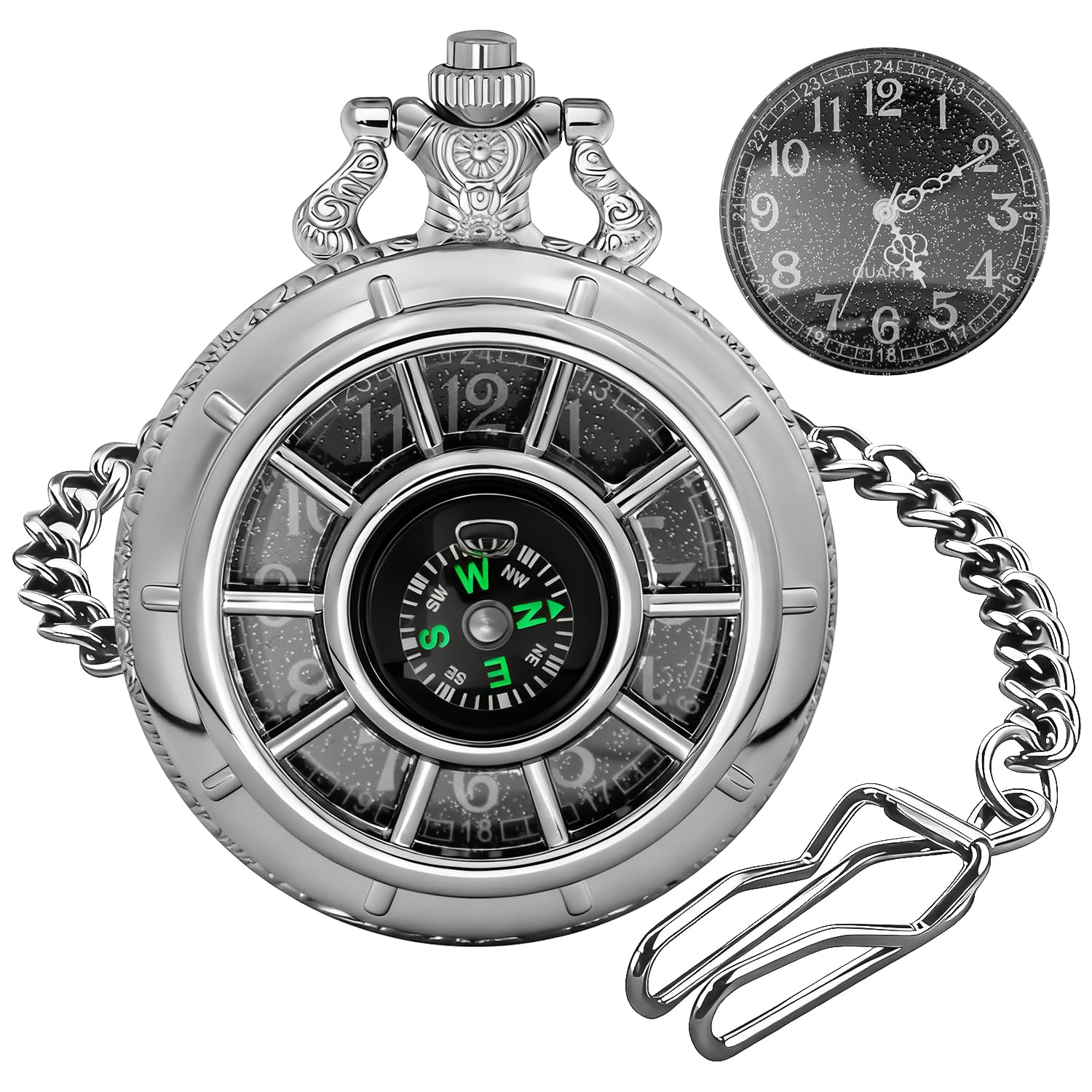 Silver Compass with Black Glittering Arabic Numeral Dial Men's Casual Quartz Pocket Watch-image-17