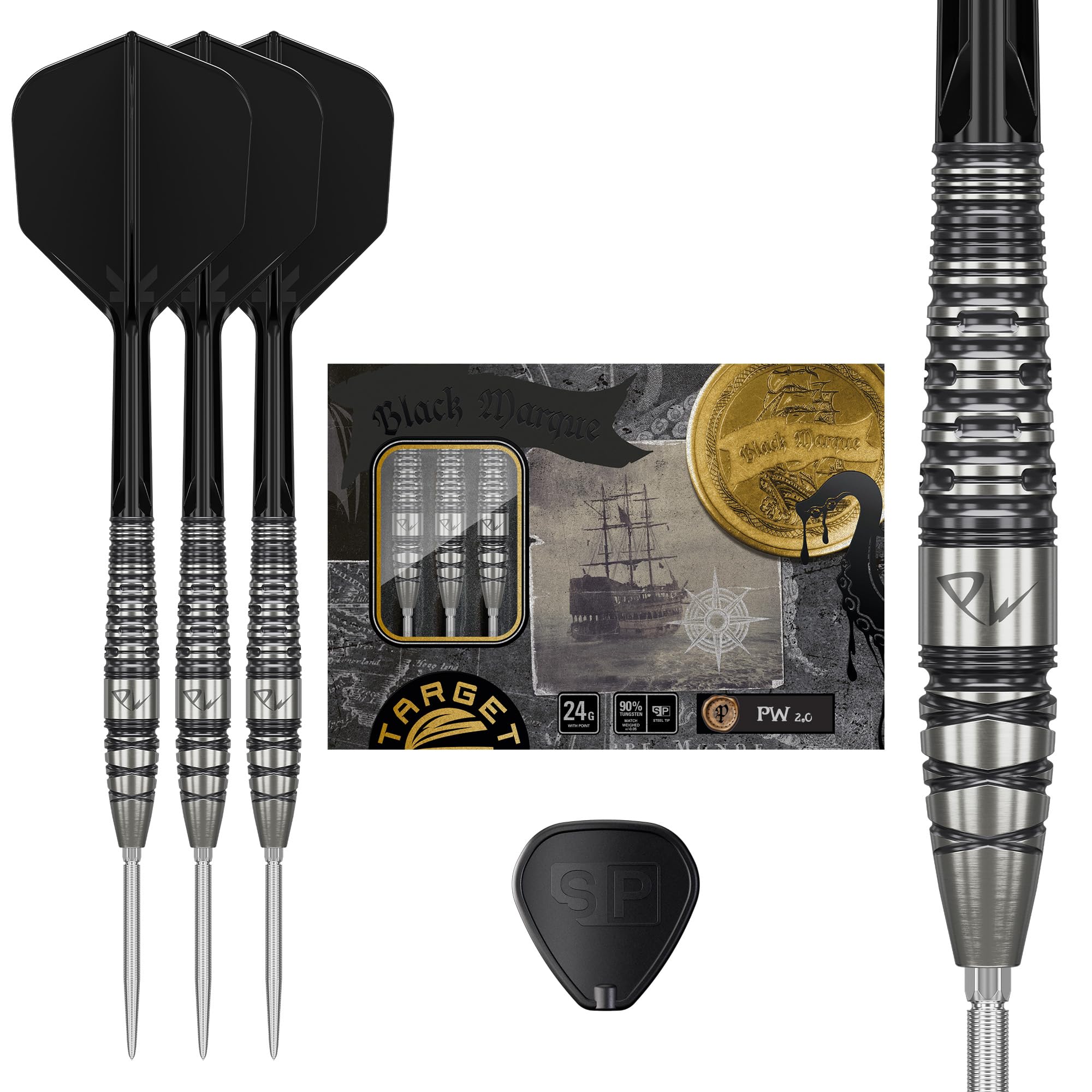 Target Japan Black Marque PW 2.0 Swiss Point à Pointe en Acier Fléchettes avec Kflex, 22G/24G | Jeu de Fléchettes 90% Tungstène, Ailettes et Tiges K-Flex, Swiss Nano Points Outil, Joueur Tan Phuay Wei