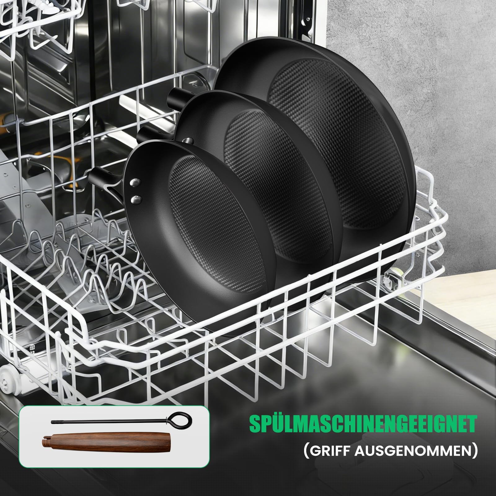 YUTANN Gusseisenpfannen Set 3-teilig, Bratpfannen aus Massivem Gusseisen | Pfannen Ø 20, 24 und 28 cm, Gleichmäßige Wärmeverteilung für Induktion, Gas, Elektro und Glaskeramik Geeignet