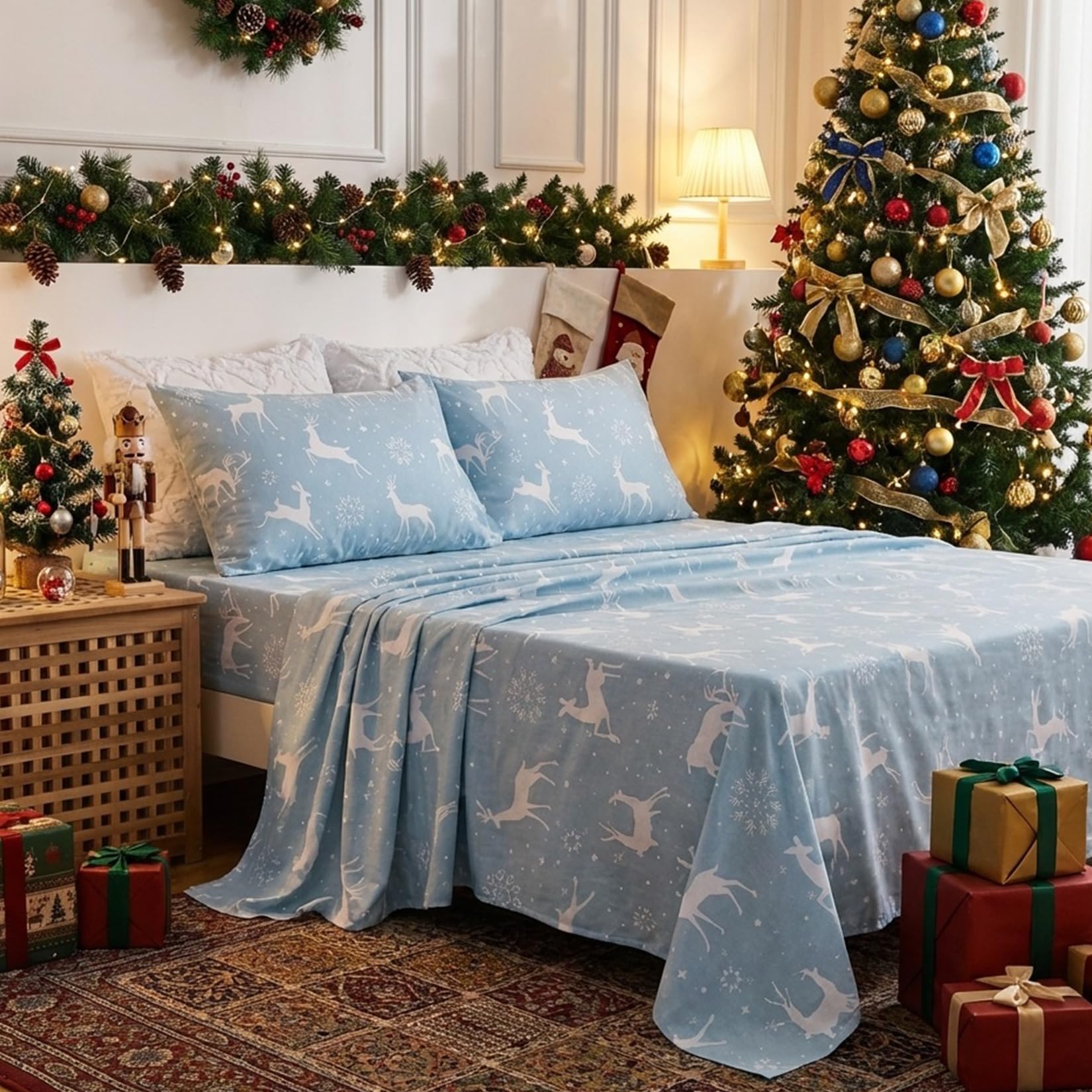 CAROMIO Christmas Bed Sheets King Soft Brushed Microfiber Bed Sheet Set 16 Inches Deep Pocket Fitted Sheet Winter