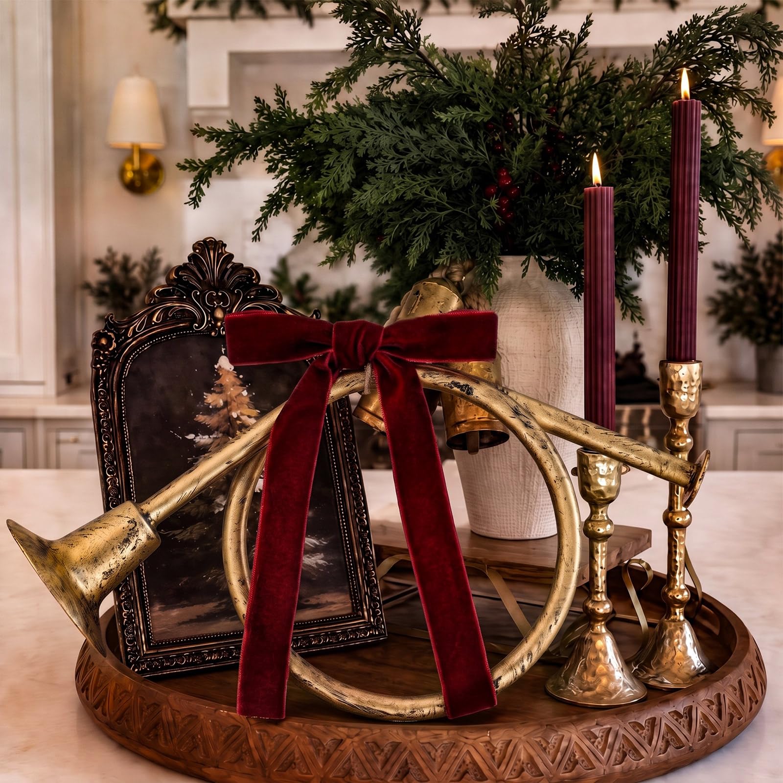Civaner Set di 6 ornamenti natalizi da appendere in corno francese, 6 ornamenti in ottone con 6 fiocchi in velluto bordeaux per albero di Natale strumento musicale ornamento per le vacanze