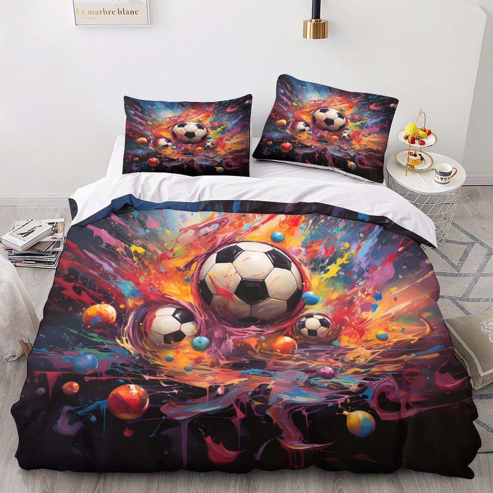 Housse de couette football 3D parure de lit 3 pièces 200x200cm en microfibre avec taies d'oreiller