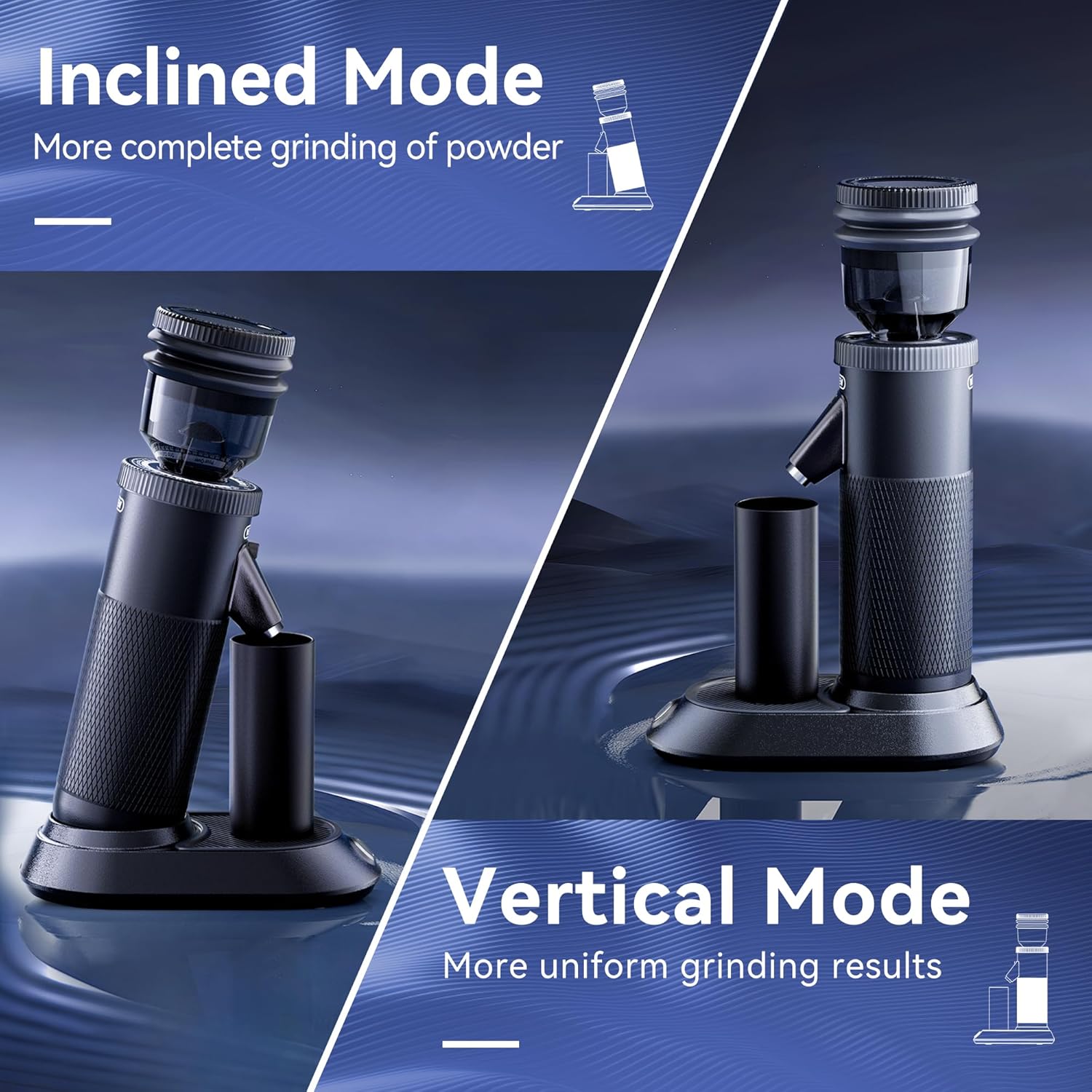 Two images showing the grinder in inclined mode and vertical mode.