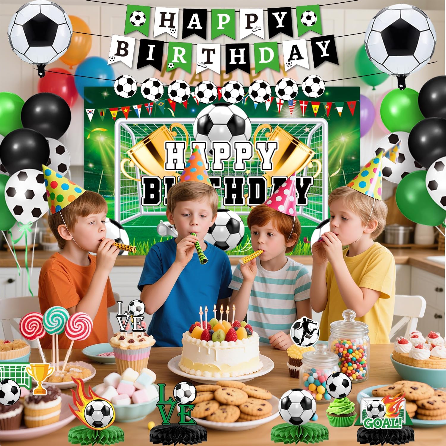 Soccer Birthday Party Decorations Includes Banner, Backdrop, Foil & Latex Balloons, Cake & Cupcake Toppers, Honeycomb Centerpieces for Boy Soccer Themed Party Decorations - Image 7