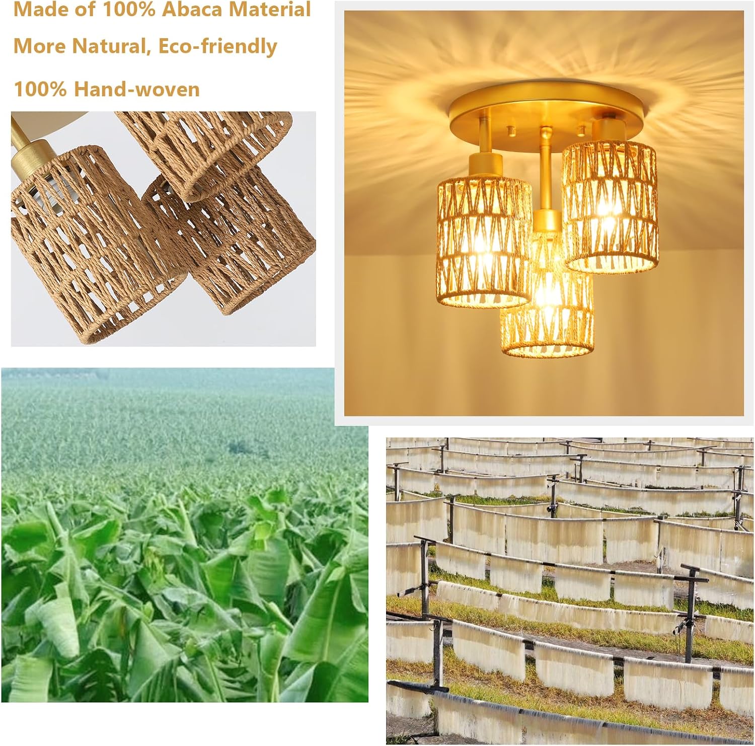 3-Lights Boho Light Fixtures - Farmhouse Rattan Light Fixture with Woven Cage Shade, Gold Semi Flush Mount Ceiling Lights for Bedroom, Kitchen, Hallway