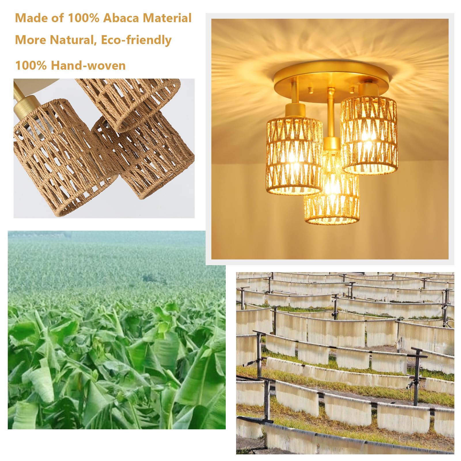 Rayofly Rattan Deckenlampe Hängend, 3-flammige Boho Deckenleuchte mit Rattan Lampenschirm, Vintage Deckenlampe Bambus, Modern Deckenleuchte Wohnzimmer, Gold Korb Lampe für Schlafzimmer, Küche, Flur