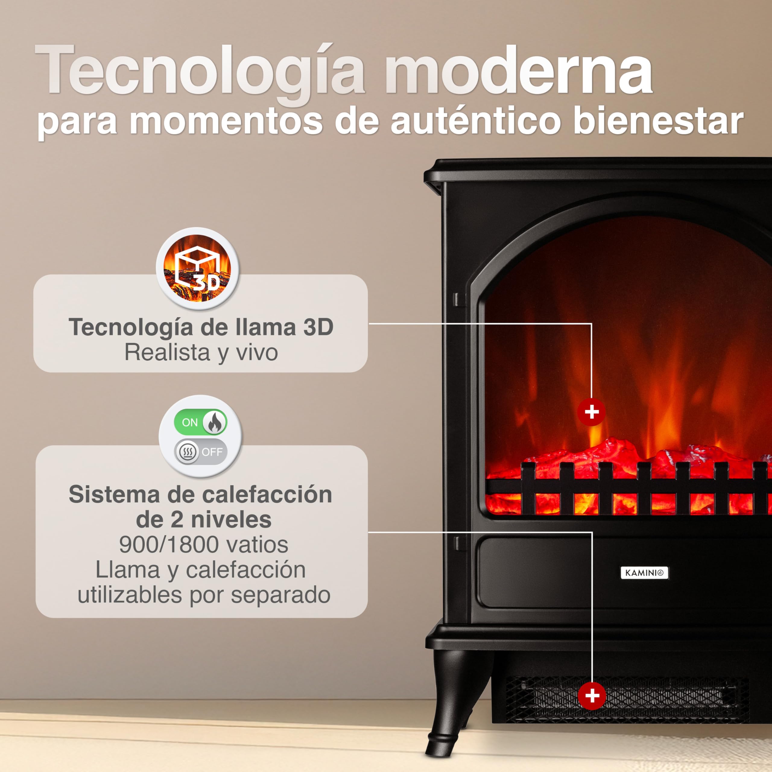 KAMINIO Chimenea eléctrica Leni - Estufa con calefacción, Efecto Llama 3D (Negro)
