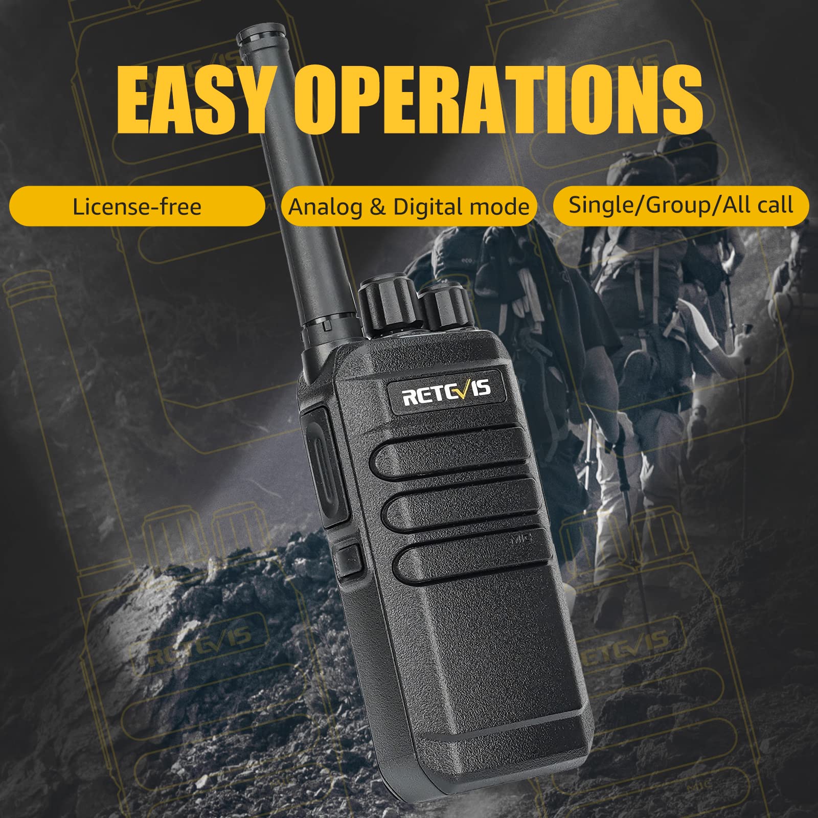 Retvis RT40 Digital DMR Walkie Talkie, PMR446 Free Free 2 Way Radio, 2000Mah, VOX, 48 kanałów cyfrowe/analogowe Walkie Talkie dla rodziny, podróży (czarny, 1PCS)