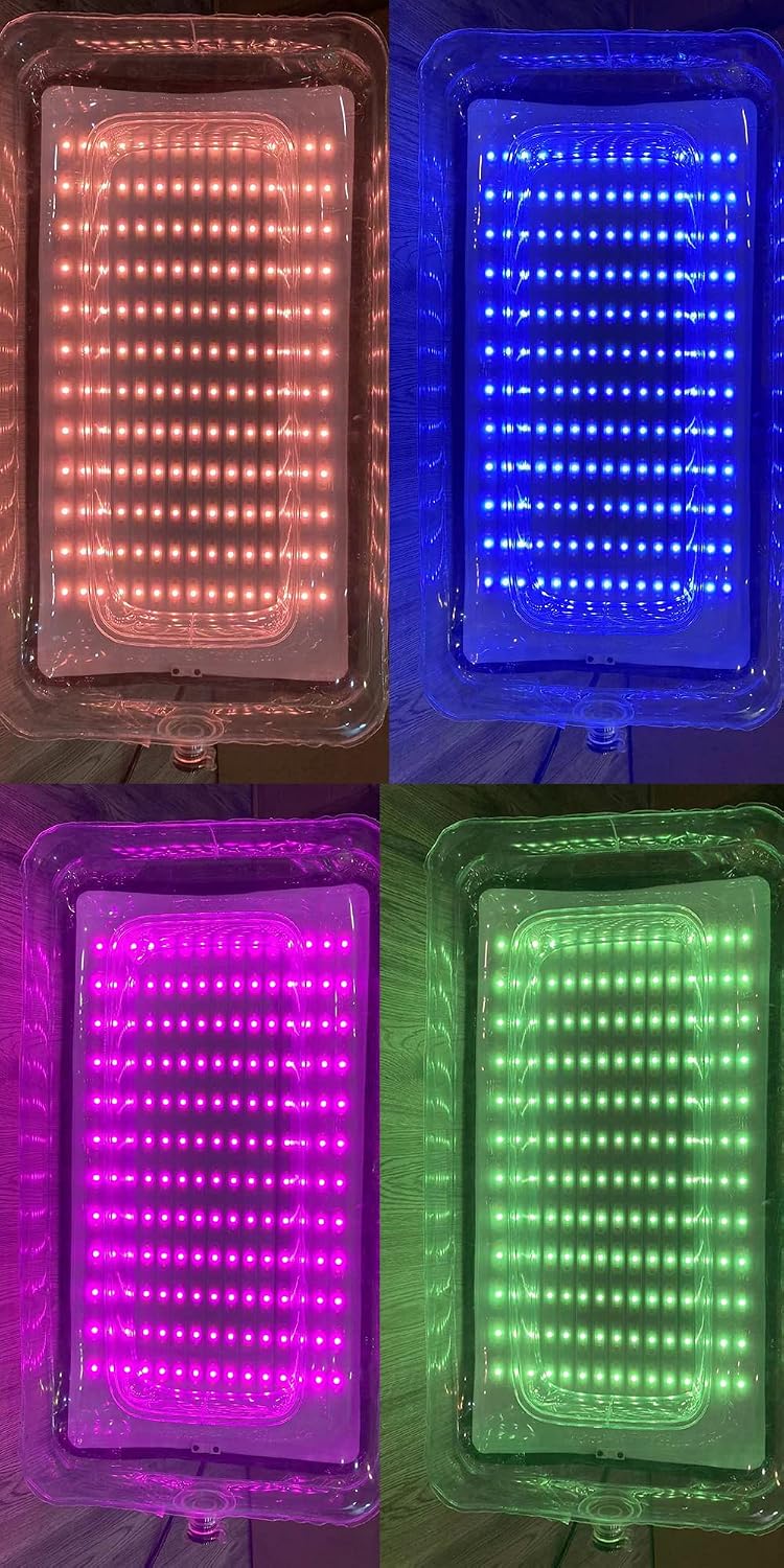 Four views of the APARO RADI-12 Pro Air Flexible RGB Panel displaying red, blue, magenta, and green colors.