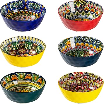 Henten Home Ceramic 25 oz Soup Bowl Set, Cereal Bowl Set of 6, Boho Colorful Serving Bowls for Salad, Pasta, Noodle, Rice, Oatmeal, Microwave & Dishwasher Safe