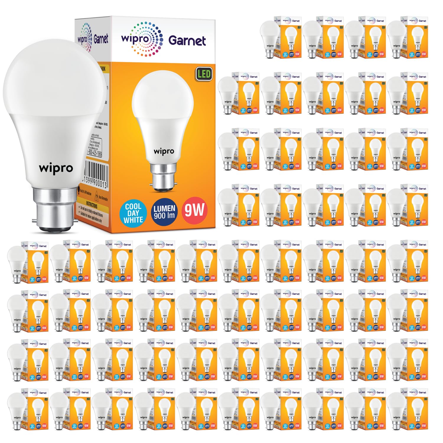 wipro Garnet 9W LED Bulb for Home & Office |Cool Day White (6500K) | B22 Base|220 Degree Light Coverage |4Kv Surge Protection |400V High Voltage Protection |Energy Efficient | Pack of 60