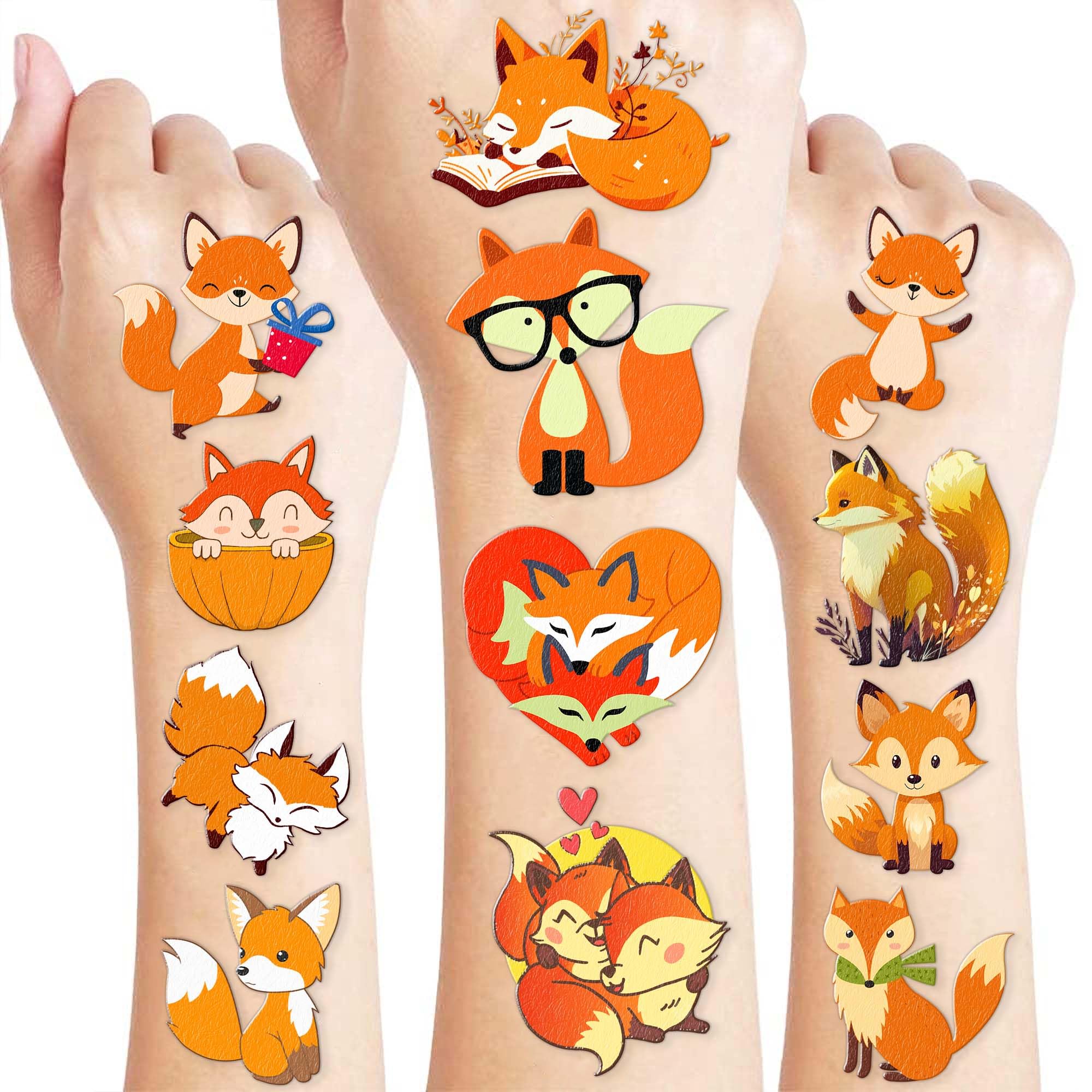96PCS Cute Fox Temporary Tattoos Pre-Cut for Kids Boys Girls