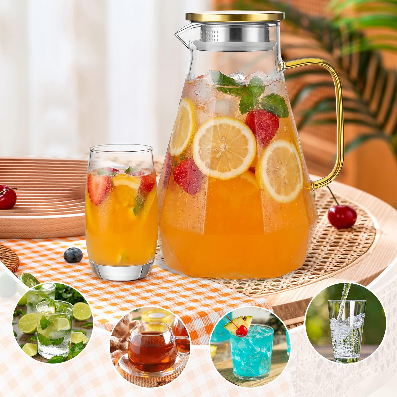 Jarra de cristal de 2 litros con asa y tapa de acero inoxidable dorada, jarra de cristal para agua, zumo, leche, café, té, lavavajillas