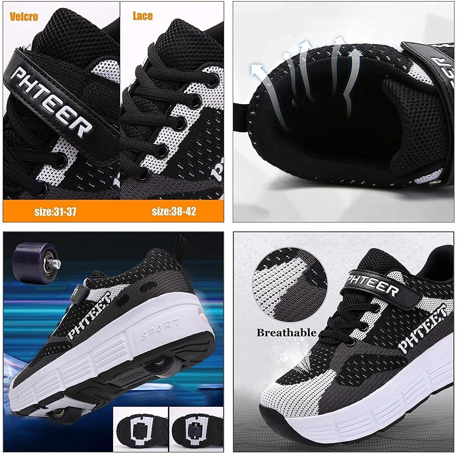 Chaussures à Roulettes Enfants LLH - Baskets Skate Rétractables 2 En 1 | Patins Loisirs Garçons Filles