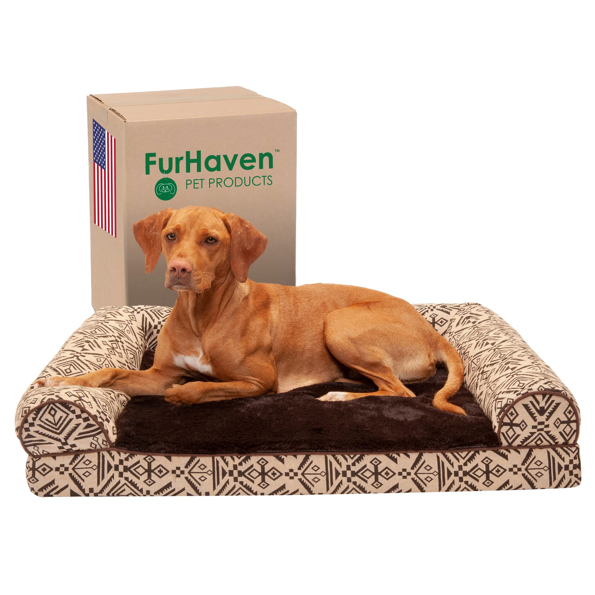 FurhavenLarge Cooling Gel Foam Dog Bed Plush & Southwest Kilim Decor Sofa-Style w/Removable Washable Cover - Desert Brown, Large