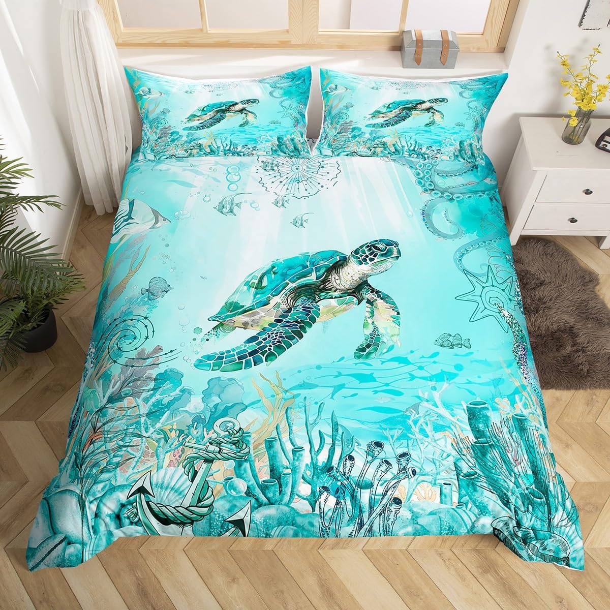 Feelyou Sea Turtle Comforter Cover Full, Ocean Bedding Set for Kids Boys Girls Sea Duvet Cover Ocean Coastal Bedspread Cover Microfiber Quilt Cover 3Pcs(No Comforter)