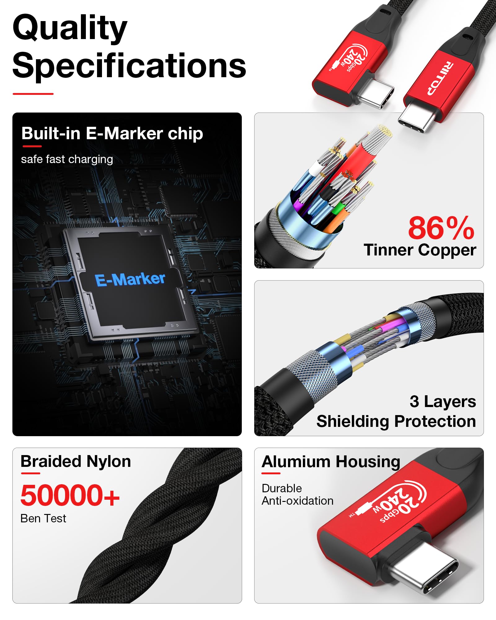 RIITOP Cable largo USB C a USB C [14.8 pies] 20 Gbps/240 W/ángulo recto