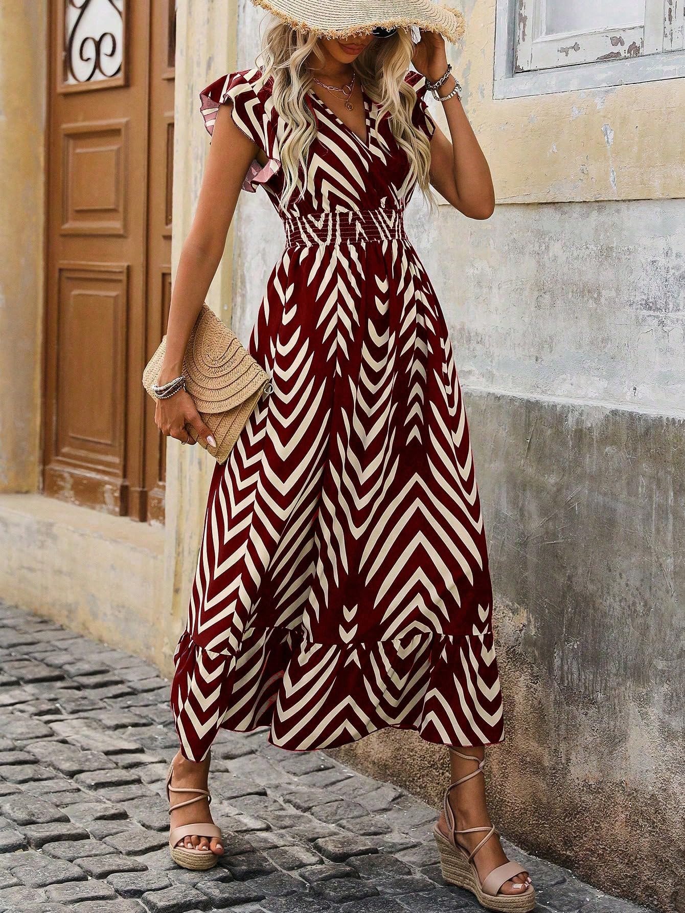 Shasmi Gestreifter V-Ausschnitt Bedrucktes Kleid mit gerüschtem Saum und Taillengürtel für den Urlaub, ein Stück für Damen Casual Kleid (Kleid 140)