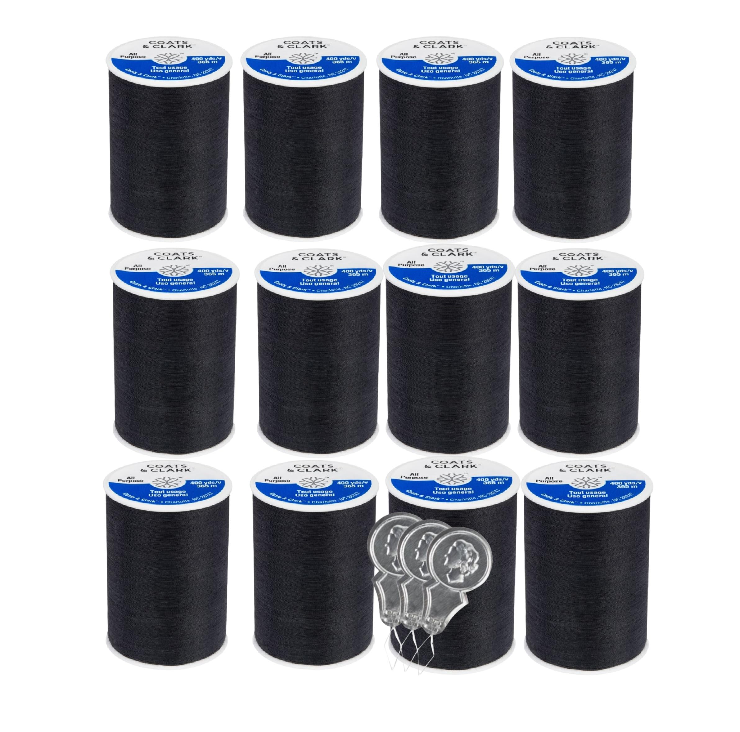 Coats & Clark Dual Duty All Purpose Sewing Thread 230A 400 Yards Each Spool 12 Pack Bundle with Bella's Crafts Needle Threaders (Black)