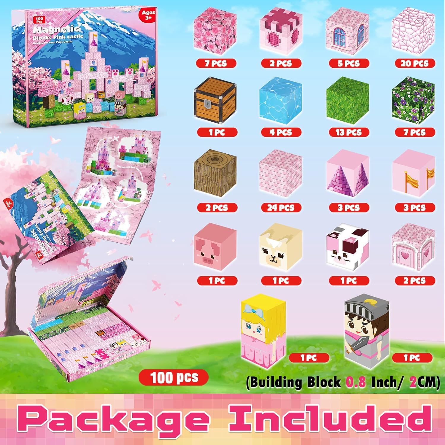 250 PCS Magnetic Blocks - Pink Castle & Portal Magnetic Blocks Bundle Set