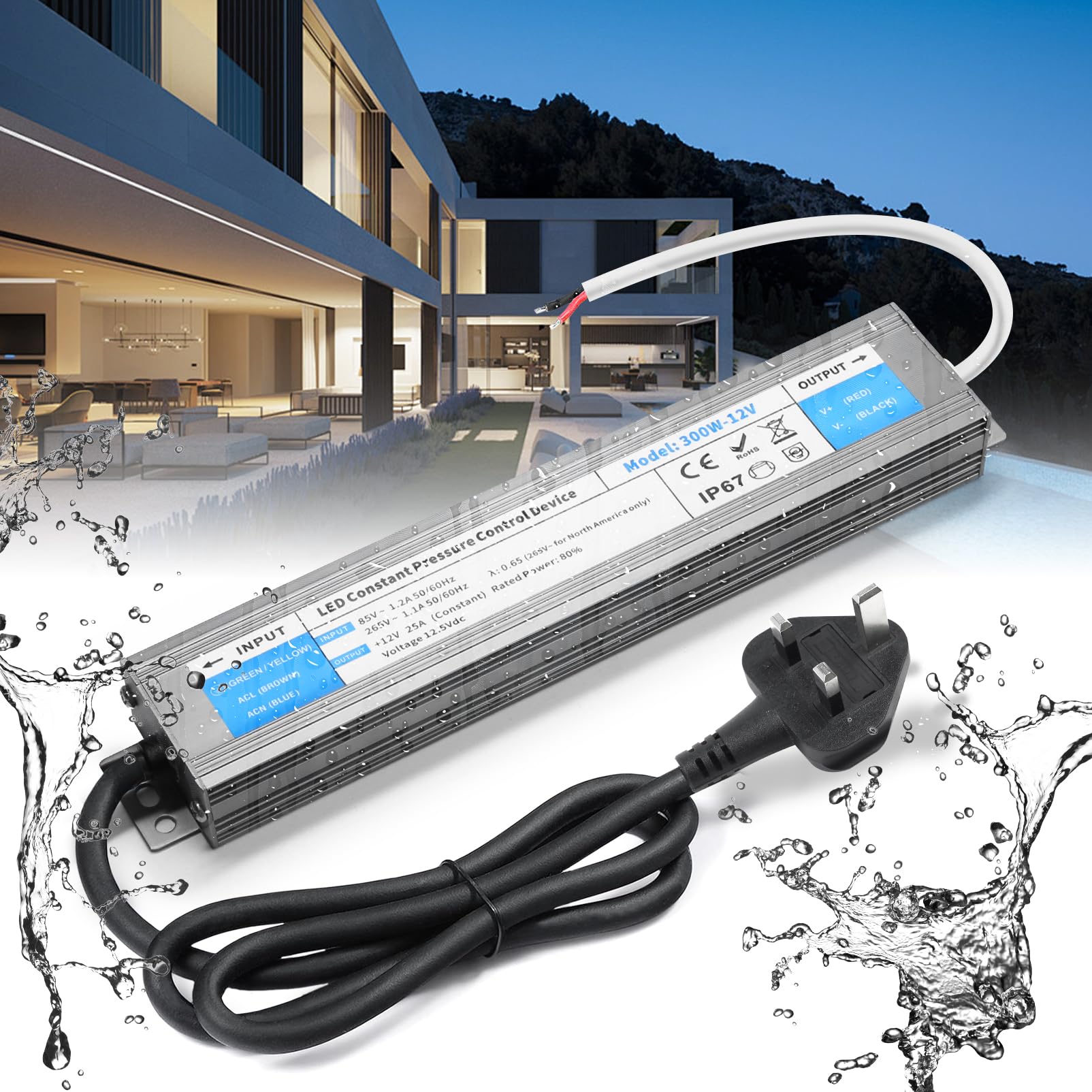 BRIMETI 12V LED Driver 300W LED Transformer Waterproof Outdoor IP67 AC 240V to DC 12V 25A Power Supply With Plug Constant Low Voltage Adapter for Strip Light Garden Shed Cabinet Light