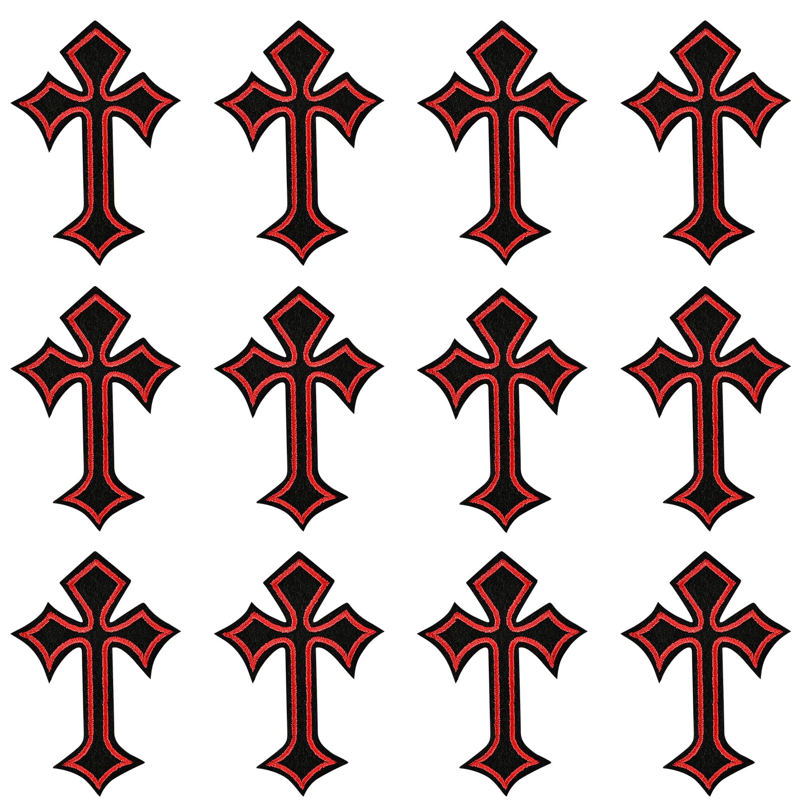 Morcheiong 12Pcs Cross Patches Iron On Cross Embroidered Applique Patch DIY Decor Patches for Clothes Jeans Hat Backpack(Red Edge Black)