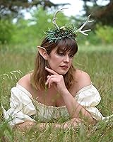 Vista 2 de MOSTORY Diadema Hecha a Mano con Cuernos de Reno Blancos y Hojas Verdes - Diadema de Cuernos de Venado del Bosque con Frutas para Mujeres y Niñas