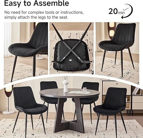 Miniatura 7 de Juego de 4 sillas de comedor de terciopelo, modernas sillas de cocina sin brazos tapizadas negras con patas de metal para dormitorio y sala de estar