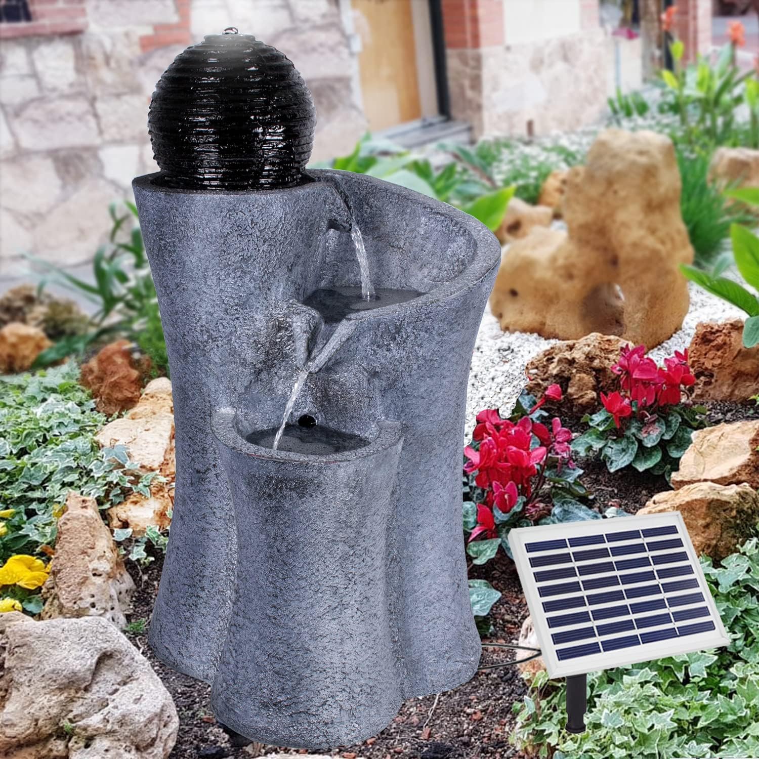 Fontana solare da giardino fontana decorativa fontana a spirale cascata con luce LED e batteria agli ioni di litio per giardino, laghetto da giardino, terrazza