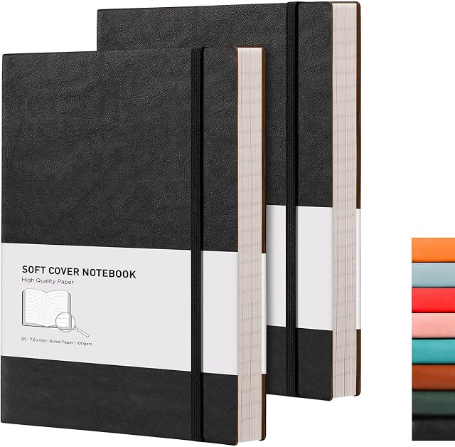 RETTACY B5 College Ruled Notebook Thick Lined Journal 2 Pack - Extra Large Softcover Composition Notebooks with Total 408 Numbered Pages 2 Free Sticky Notes Divider, 100gsm Paper 19 x 25 cm
