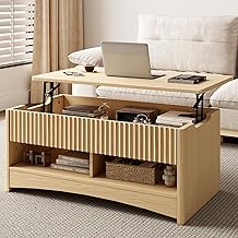 Amada Lift Top Coffee Table with Storage Shelf &amp; Hidden Compartment, Modern Fluted Rectangle Dining Table for Living Room, Home Office,Natural Oak