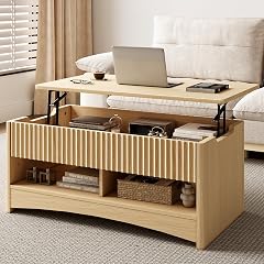 Amada Lift Top Coffee Table with Storage Shelf Hidden Compartment Modern Fluted Rectangle Dining Table for Living Room