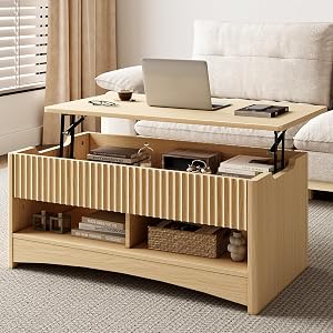 Amada Lift Top Coffee Table with Storage Shelf Hidden Compartment Modern Fluted Rectangle Dining Table for Living Room