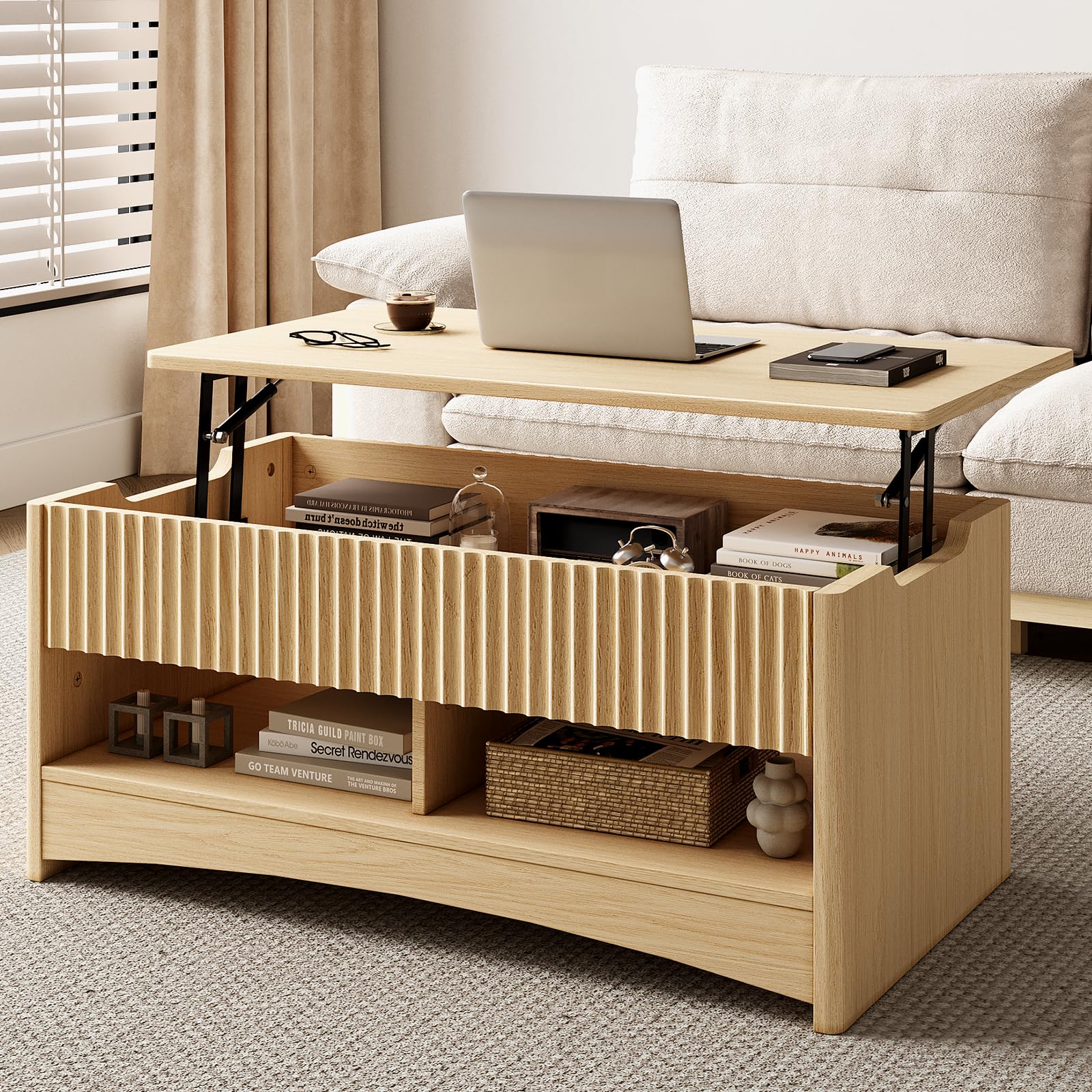 Amada Lift Top Coffee Table with Storage Shelf Hidden Compartment Modern Fluted Rectangle Dining Table for Living Room