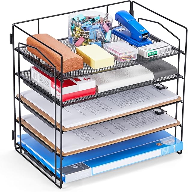 5 Tiers Letter Tray Office Desk Organizer Foldable A4 Paper Filing Trays Mesh Metal File Rack Black for Office, School, Home Study -Screws Free Design