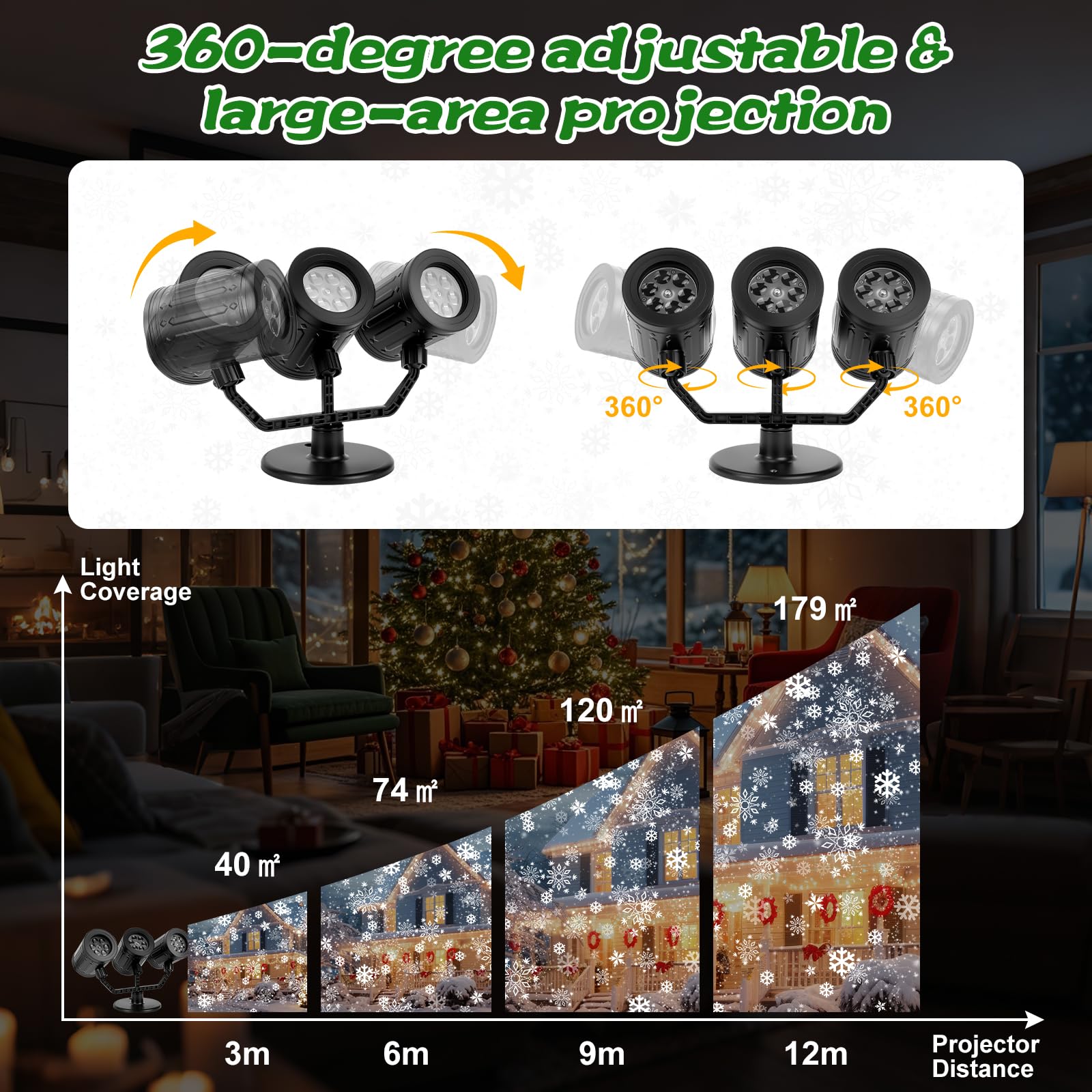 Charmofun Proiettore Natale Esterno, tre teste dinamica LED fiocchi di neve proiettore con Timer, Impermeabile Illuminazione natalizia Decorazioni esterna per giardino finestra parete (Snow)