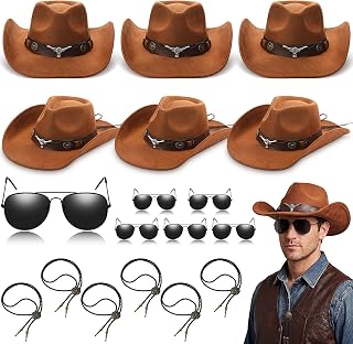 Mepase 6 Sets Cowboy Hat with Bolo Tie Sunglasses Rodeo Western Costume Accessories for Men Women Halloween Cosplay Party (Light Brown,Cow Skull Western)