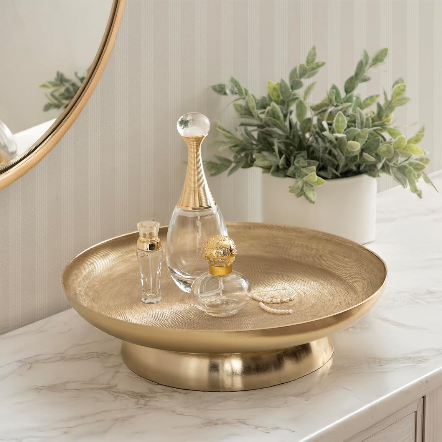 Kate and Laurel Stovring Modern Metal Round Lazy Susan, 12 Inch Diameter, Gold, Transitional Aluminum Circular Rotating Pedestal Tray Organizer for Tabletop Decor or Kitchen Storage