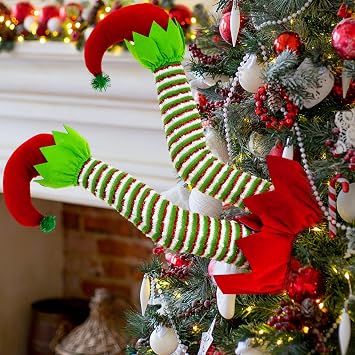 22 H Elf Legs Christmas Tree Topper Ornaments Pose-able Plush Elf Legs for Christmas Tree Ornaments Red Foot-Green Leg