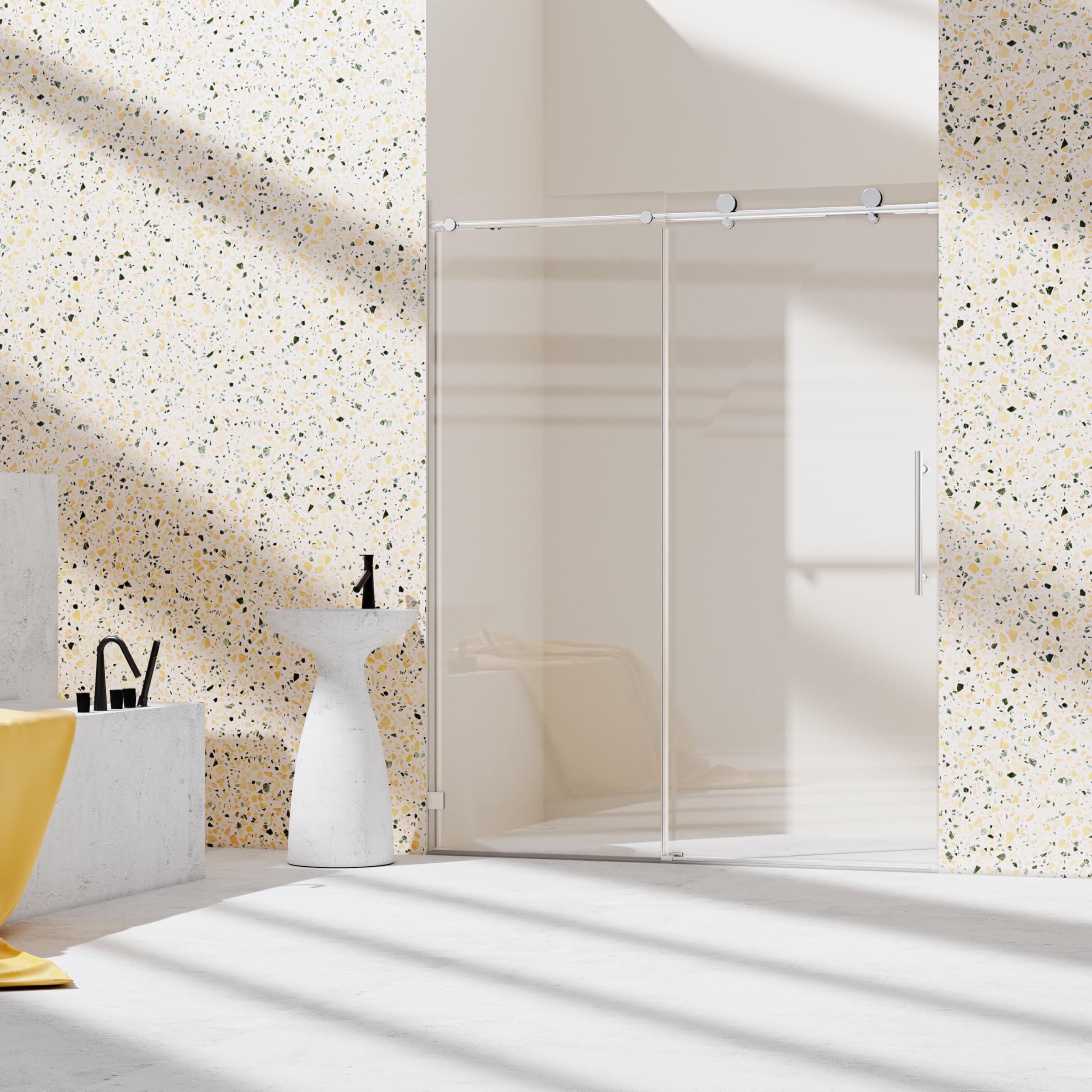 Frameless 56-60" W x 74" H Single Sliding Shower Door, Chrome Finish, Soft-Close, Adjustable Width, Easy Install