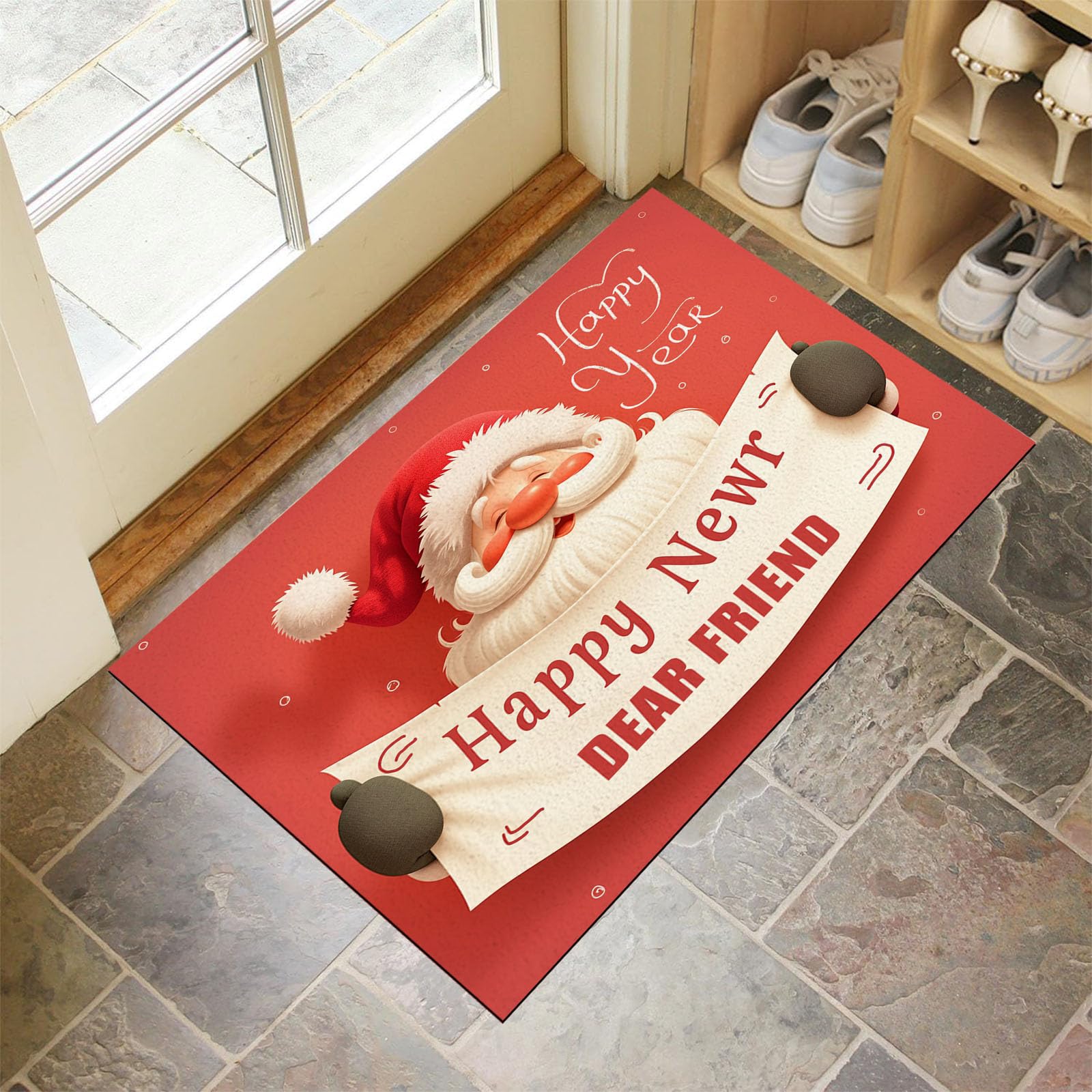 Felpudo de Entrada Casa Papá Noel 90x150cm Alfombra Exterior para Puerta Impermeable, Lavabl Alfombrilla Tema Navideño Antideslizante para Recibidor, Pasillo, Cocina - Rojo