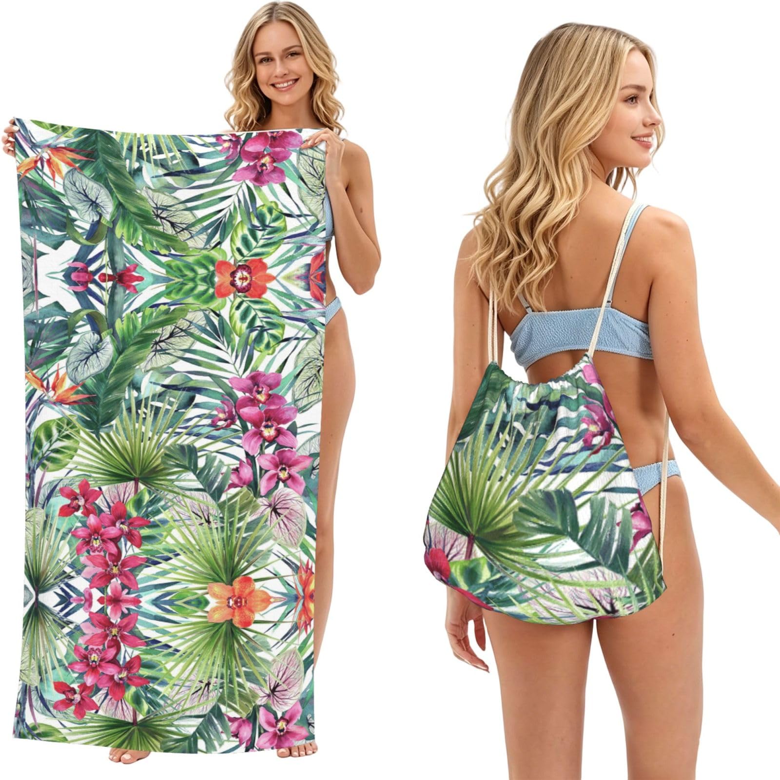 SATUSA Tropical Plants Print 2-In-1 Foldable Beach Towel Backpack â€“ Camping, Yoga And Travel,Bath Towel With Built-In Storage, Convertible Beach Mat & Carry Bag