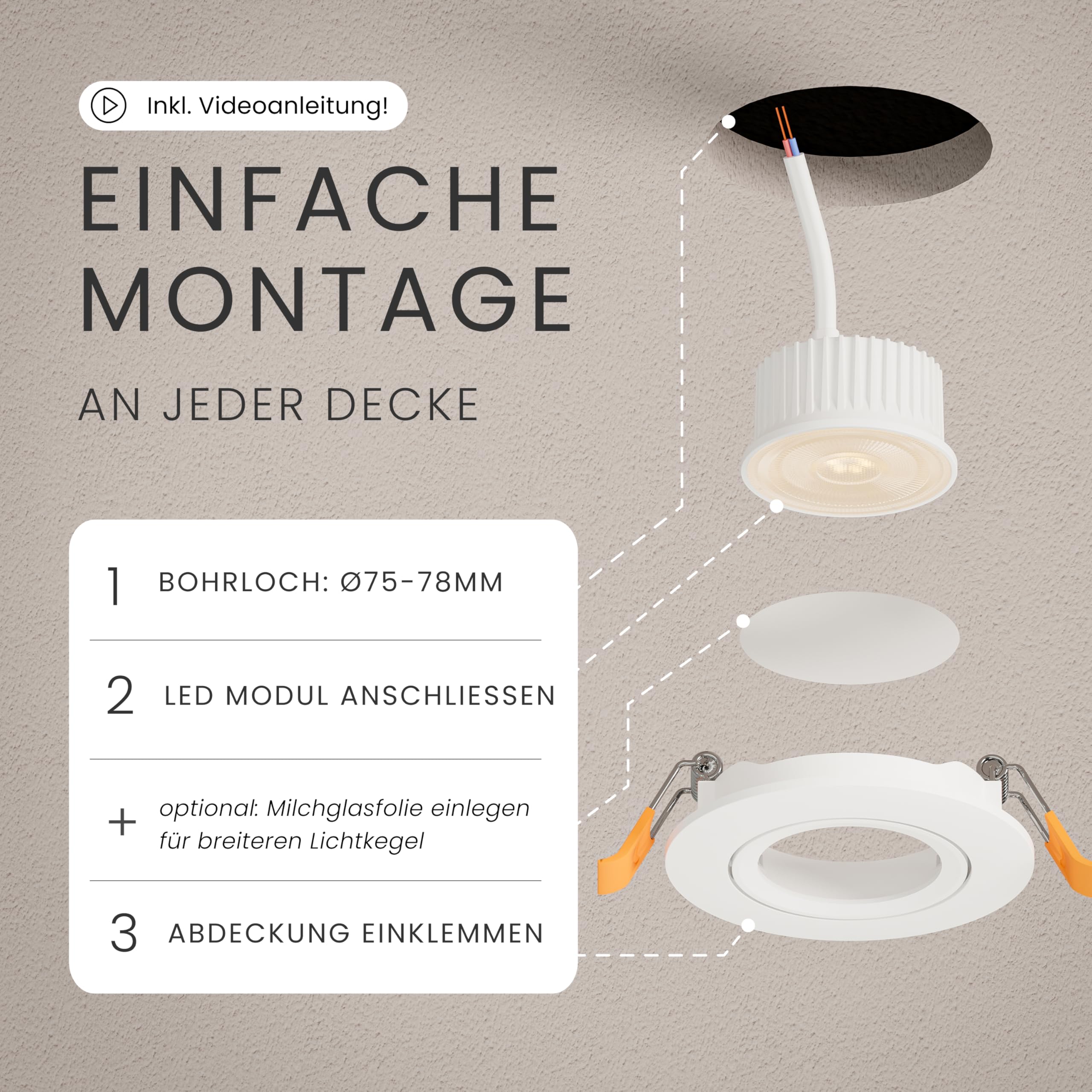 MATO 6x LED Einbaustrahler 230V Dimmbar 5W - 30° Schwenkbare, flache Spots 75mm Lochmaß - IP20 Einbauleuchten Deckenspots für Innenräume - Einbauspots Lichtfarbe umschaltbar, CRI 90+, 510lm