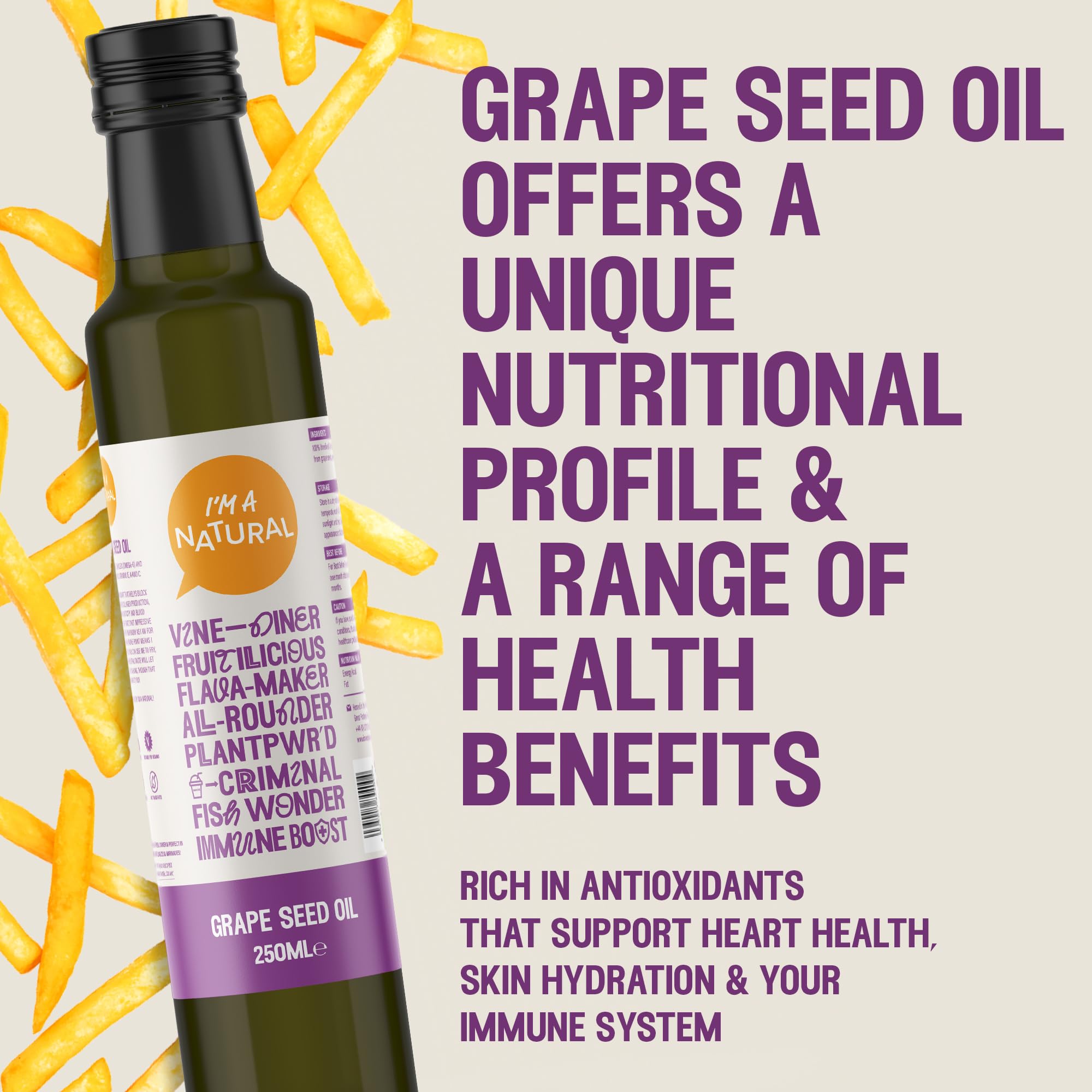 I'M A NATURAL Grape Seed Oil (250ml), Vegan Cold Pressed Cooking for Healthy Snacks & Meals - Image 3