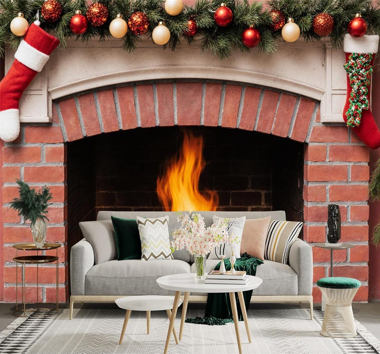 Xlming 150Cm×105Cm(B×H) A Wood Burning Fireplace Red Brick Wall Red Stockings Baubles Pine Branches 3D Wallpaper Premium Textured Silk Study Dining Living Room Bedroom Sofa Tv Wall Easy Install-150Cm×105Cm