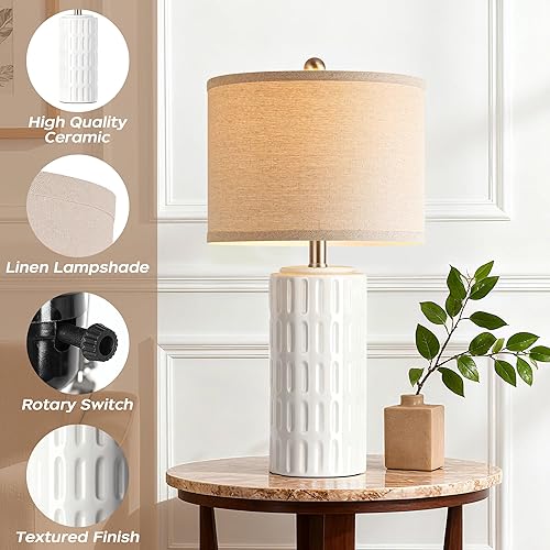 Miniatura 4 de PARTPHONER Juego de 2 lámparas de mesa de cerámica modernas de granja de 23 pulgadas, lámparas de noche blancas para dormitorio y sala de estar,