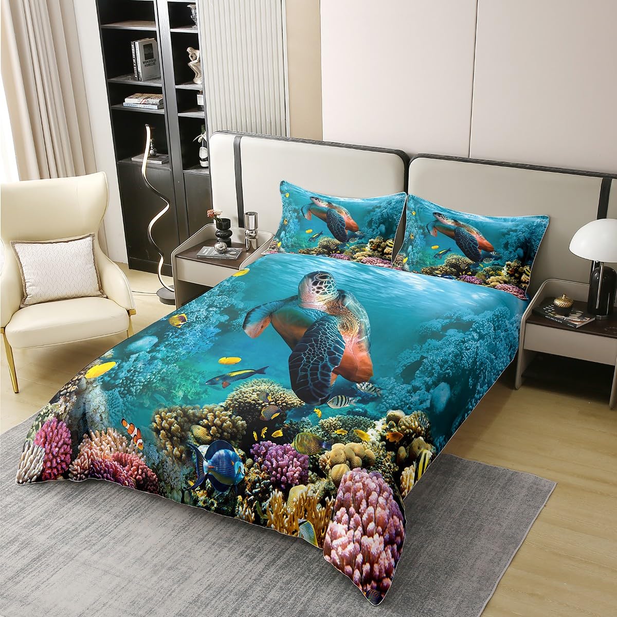 Loussiesd Sea Turtle 100% Cotton Duvet Cover King Size Ocean Bedding Cotton Duvet Cover Set Reptile Tortoise Bedding Set Coastal Comforter Cover Set Nautical Beach Blue Bedspread Cover - Image 3