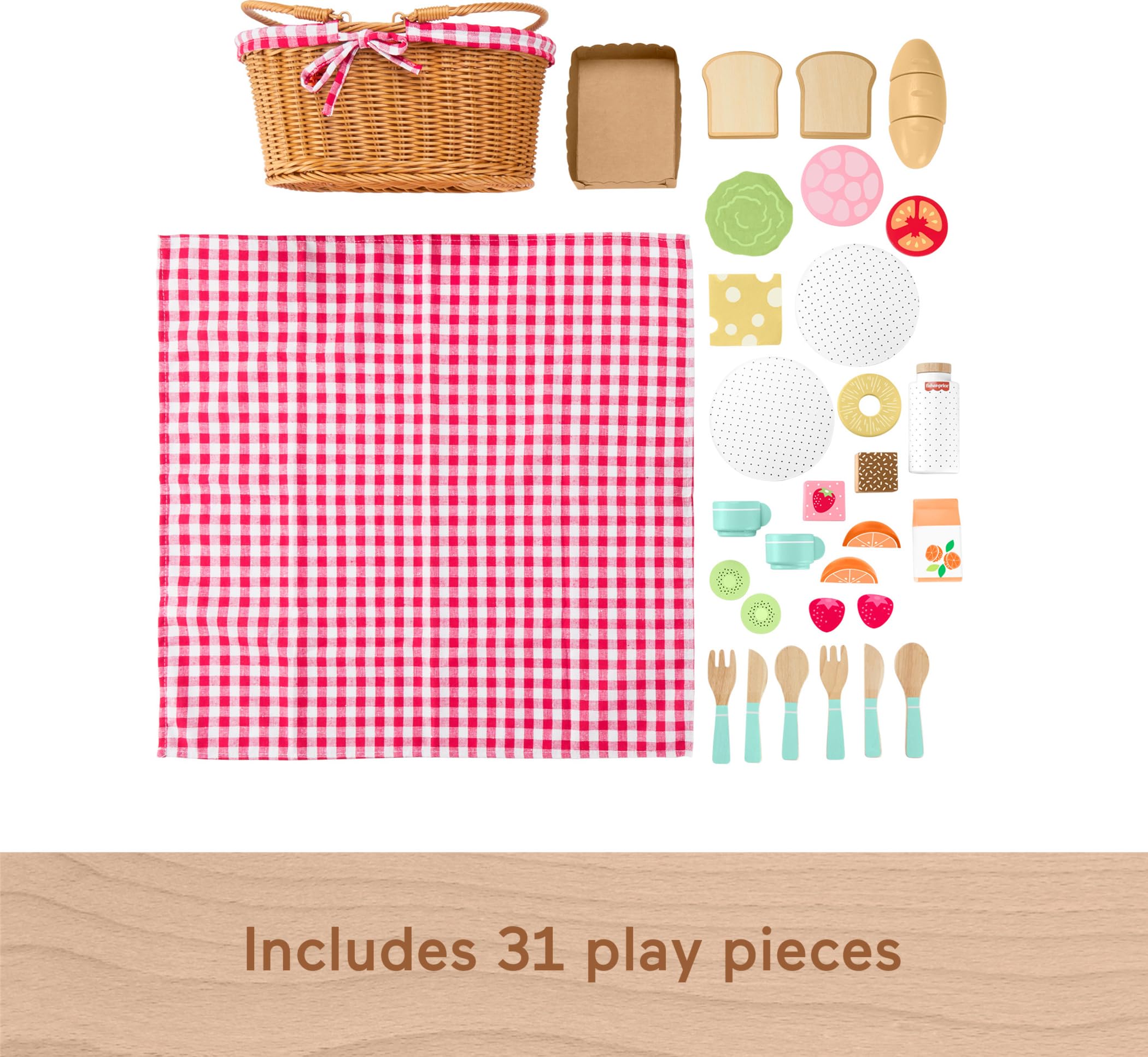 Fisher-Price - Cestino da Picnic in Legno, Set da 31 Pezzi per la narrazione e Il Gioco di finzione, Include tovaglia, Cibo, Piatti e Posate, Giocattolo per Bambini, 3+ Anni, HXT81
