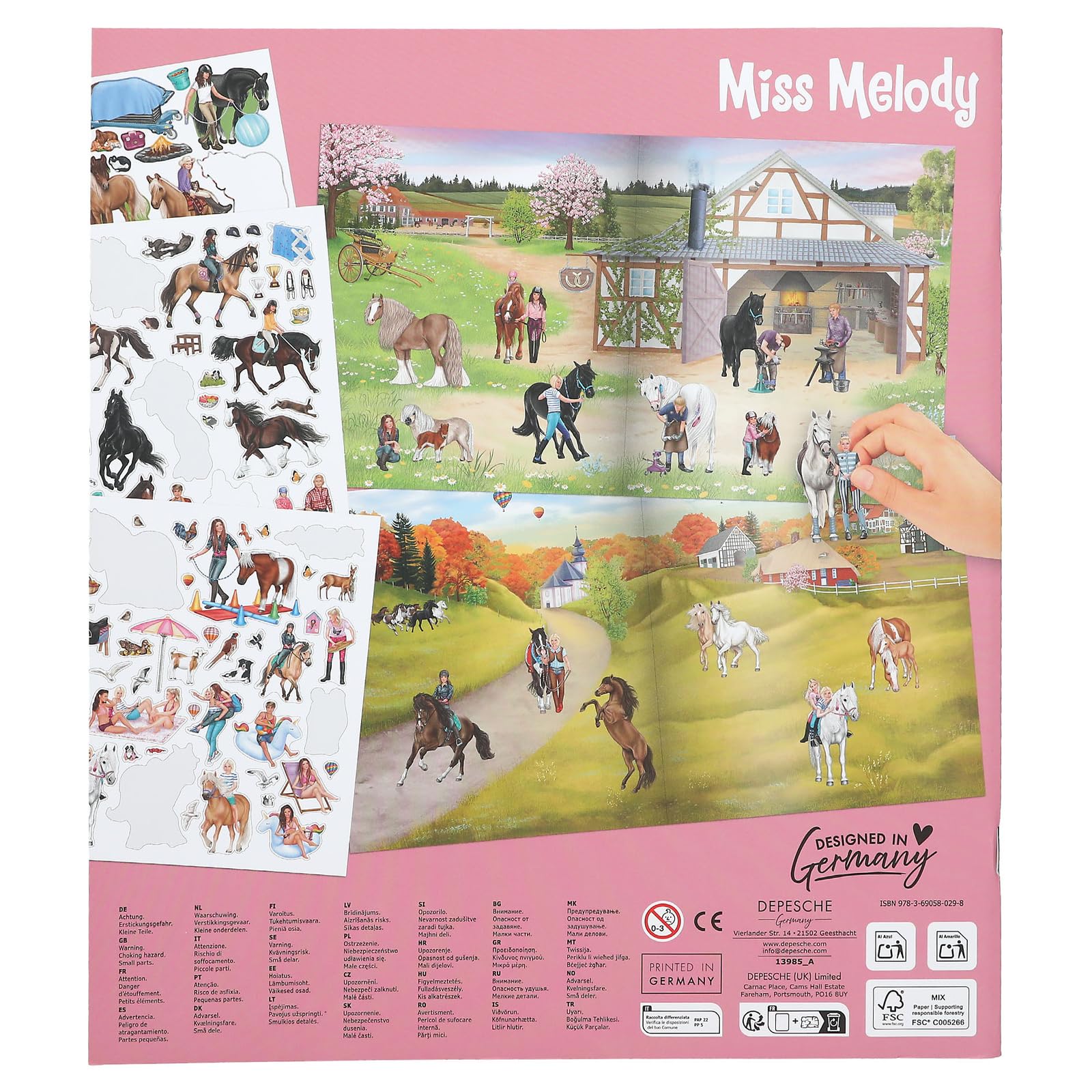 Depesche 13985 Miss Melody Stickerworld - Książka z naklejkami z 24 stronami tła do przyklejenia, w tym 3 podwójne strony naklejek na ubrania i akcesoria