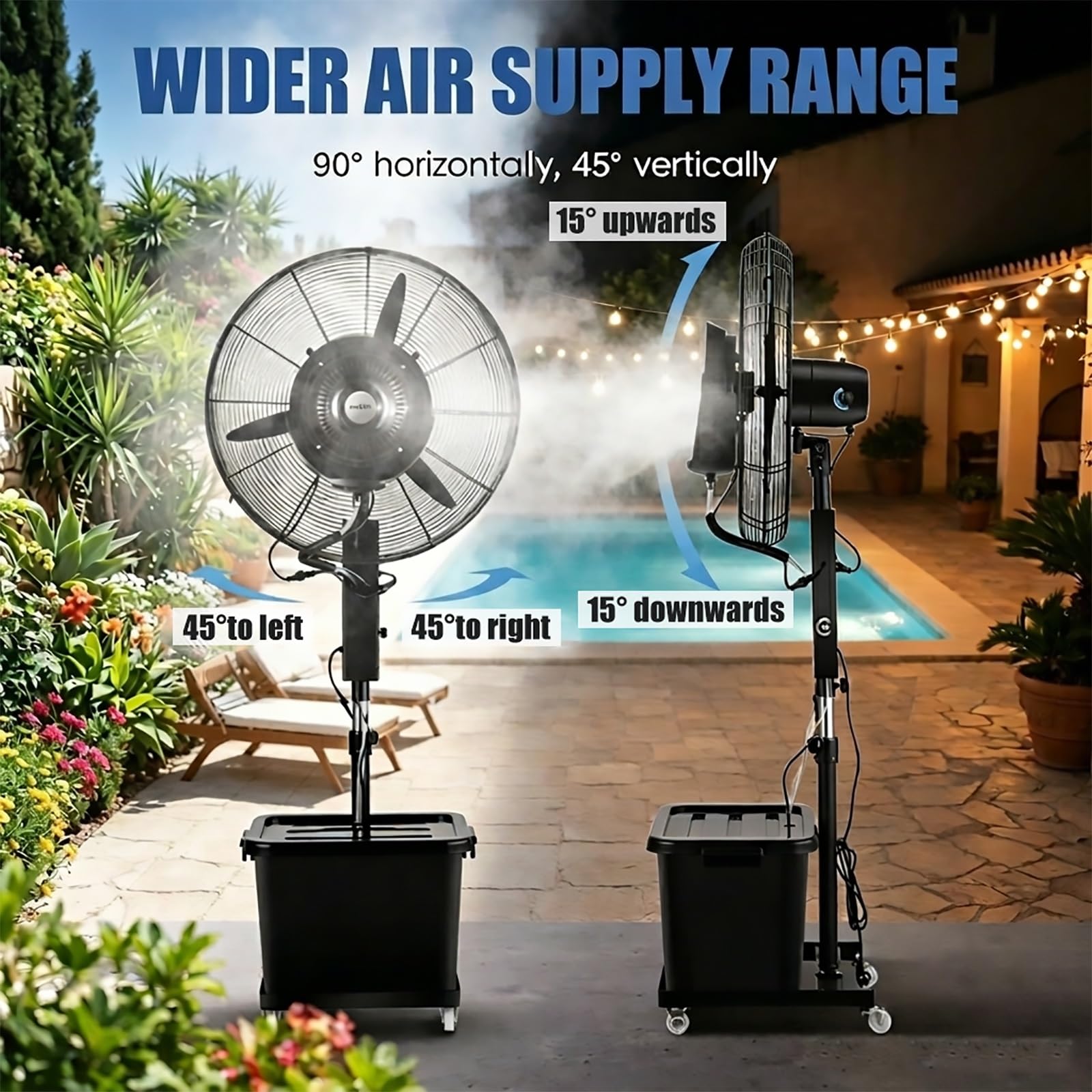 Ventilateur de Brume Intérieur et Extérieur, Brumisateur Industriel avec Réservoir d'Eau de 42L, 3 Vitesses, Ventilateur Brasseur d'Air Oscillant à 90° sur Roulettes pour Terrasse, Entrepôt
